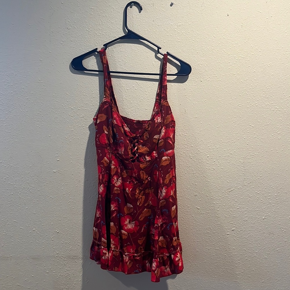 Red floral medium flowy shirt, good condition, worn before